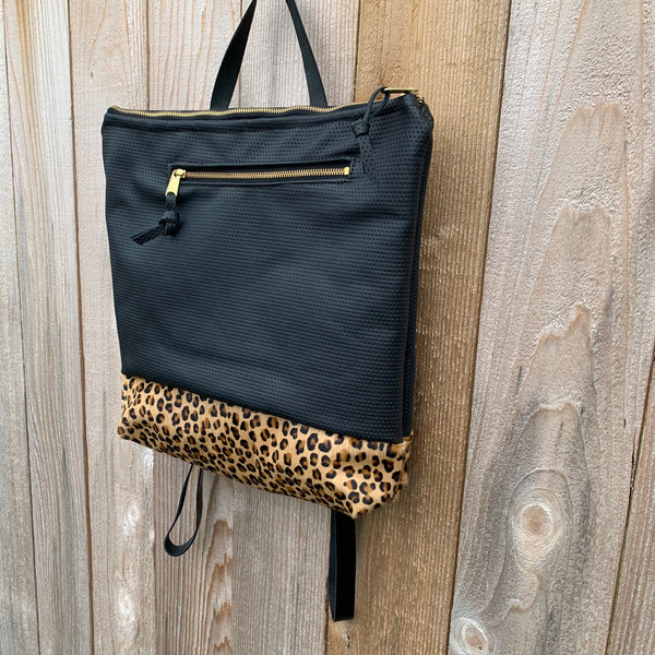Rogue Backpack + Outsize pocket in Perforated Leather and Leopard - Meant Mfg.