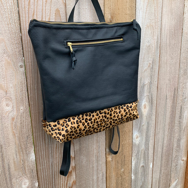 Rogue Backpack + Outsize pocket in Perforated Leather and Leopard - Meant Mfg.