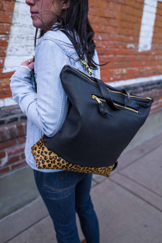 Rogue Backpack + Outsize pocket in Perforated Leather and Leopard - Meant Mfg.